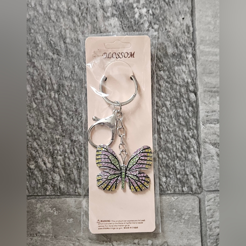 Multicolor Rhinestone Butterfly Keychain With Clasp In Silver BNIB